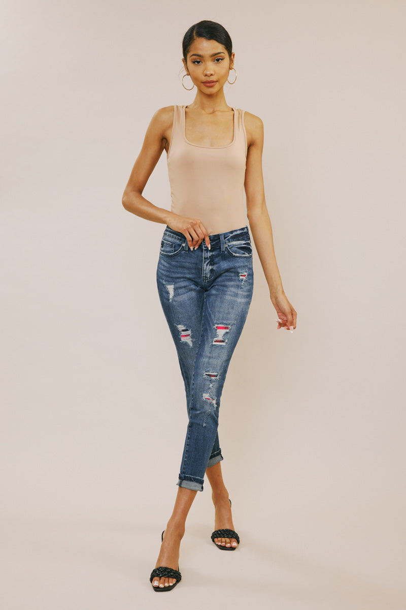 Coco Mid Rise Patched Ankle Skinny Jeans