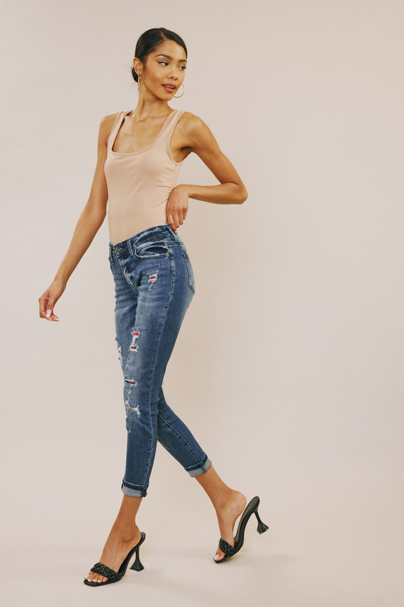 Coco Mid Rise Patched Ankle Skinny Jeans