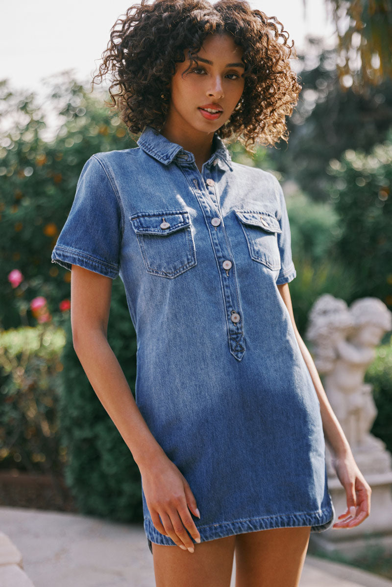 denim t shirt dress Petal and Pup Women's Fleming Mini If between sizes Denim Embroidered Shirtdress BT6478D -